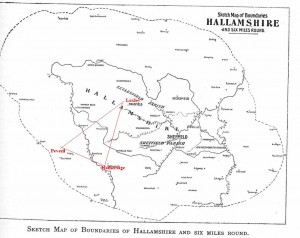 A Map dipicting the area of Hallamshire (Today named as part of Barnsly in Yorkshire